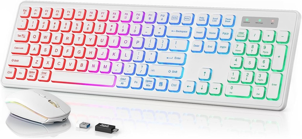 Wireless Backlit Keyboard & Mouse – Quiet, Rechargeable, USB, White Combo