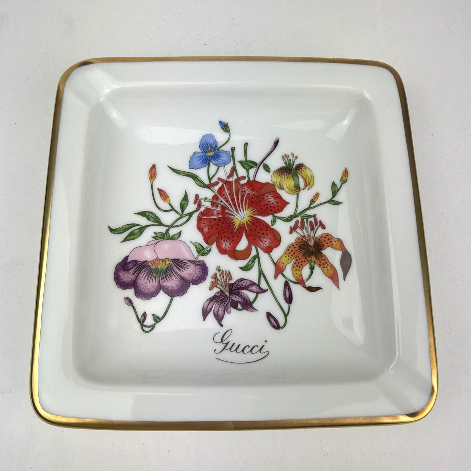 Gucci x Richard Ginori Flora Floral Porcelain Square Ashtray Italy Vintage 5.5"