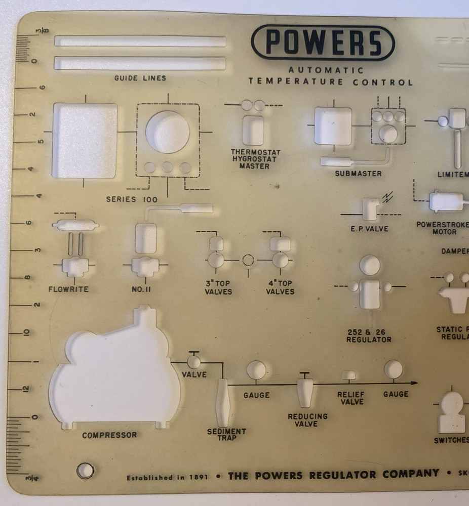Vtg Powers Regulator Co /Watts Water Tech Drafting Template Automatic Temp Cntrl