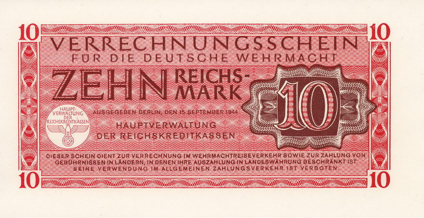 Currency Germany 1944 WW2 Wehrmacht Fascism War 10 Reichmark Uncirculated