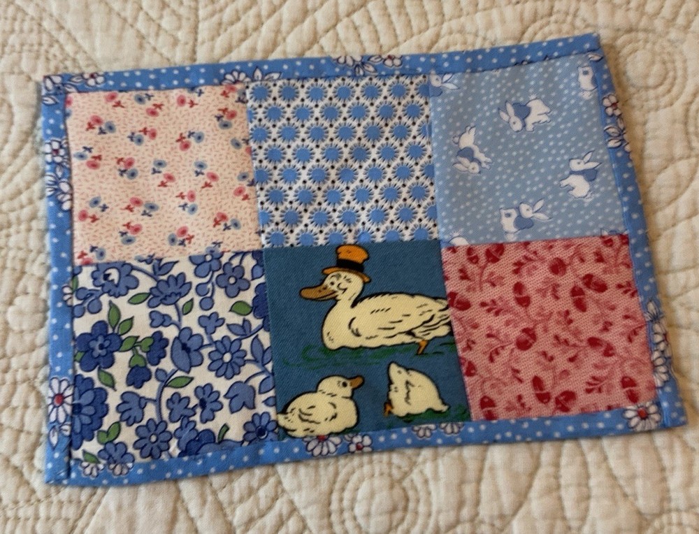 Vintage Patchwork Quilt Small Table Topper, Four Patch, Florals, Calicos