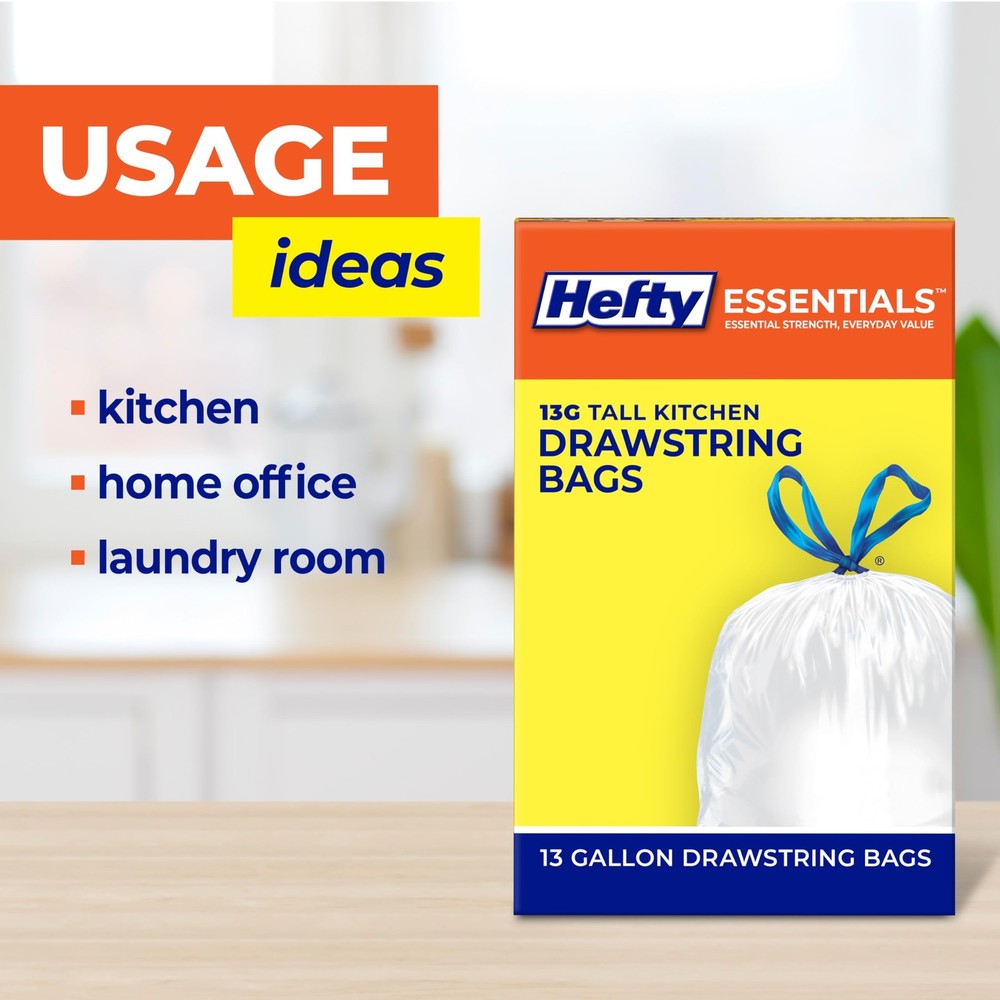 Hefty Essentials Drawstring 13 Gallon Kitchen 1 Count (Pack of 120), White
