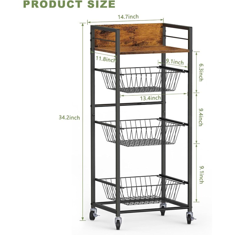 4-Tier Kitchen Rolling Storage Cart w/Pull-Out Baskets Microwave Table Stand
