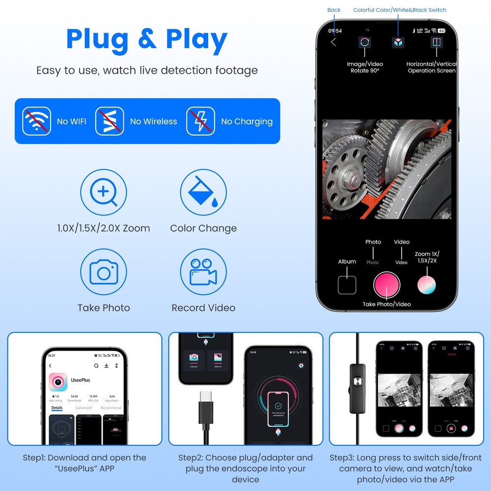 Endoscope Camera 1920P HD Inspection Borescope Tool APP Control Camera w/ Light