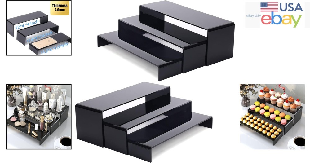 6Pcs Large Acrylic Display Risers for Collectibles, Black Rectangular Shelves