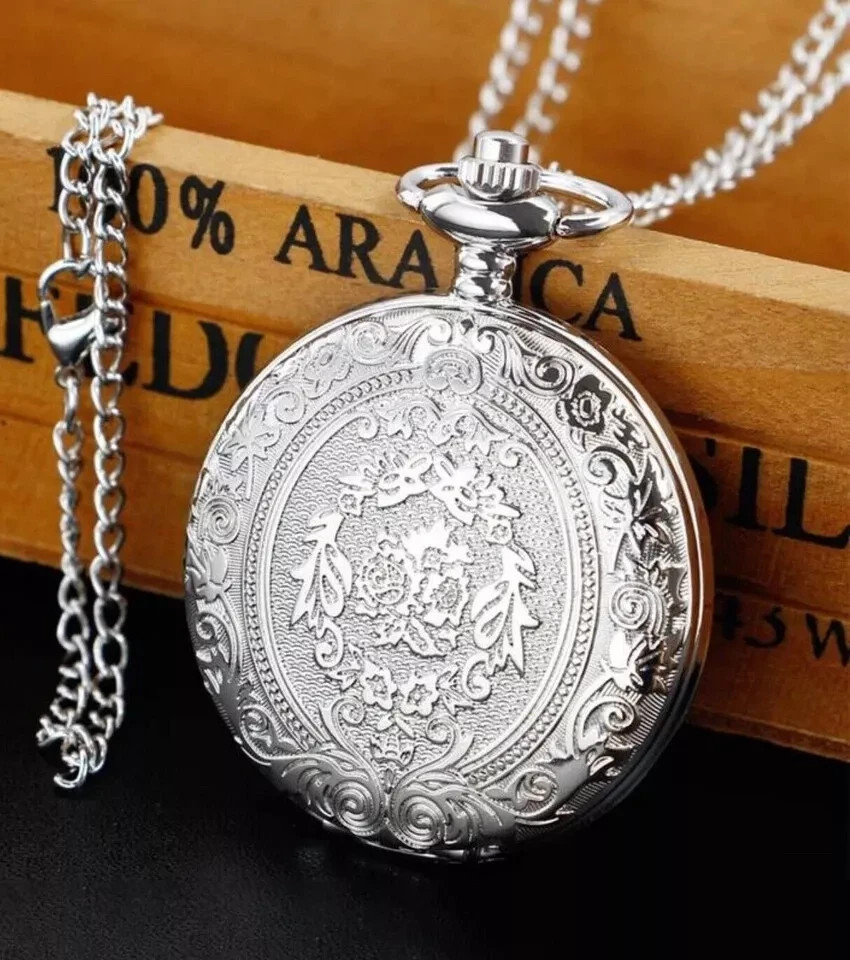 Vintage Quartz Silver Pocket Watch with Chain **FAST FREE SHIPPING**UK SELLER**