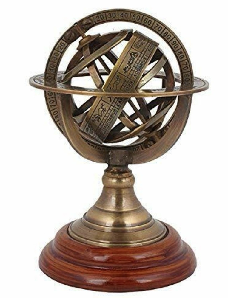 SOLID BRASS ARMILLARY WITH WOODEN BASE
