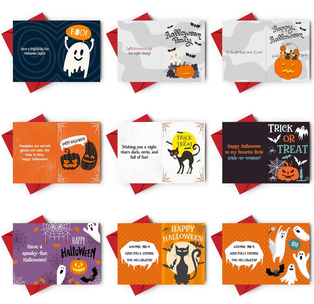 Halloween Cards with Envelopes, 18 Pack – 9 Assorted Designs