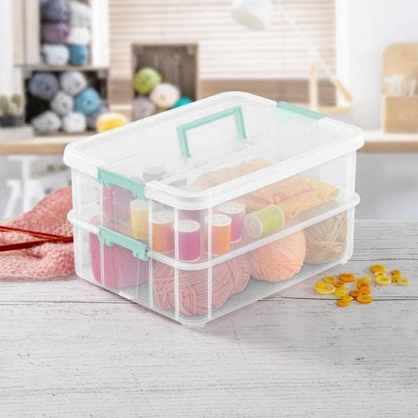 1427CLR Stack & Carry - 2 Layer Box, Clear Lid & Blue Handle, See-through layers