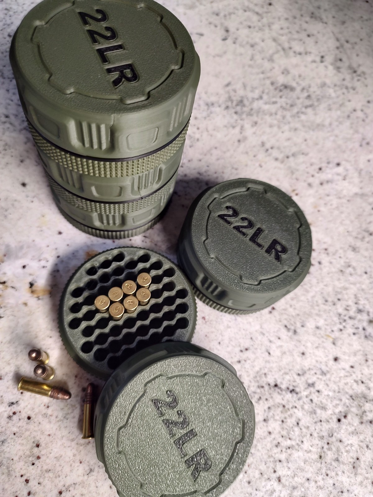 5-22 LR cartridge Mini Ammo Box, Stackable.  Holds 55 Rounds ea. Screw on Lid.