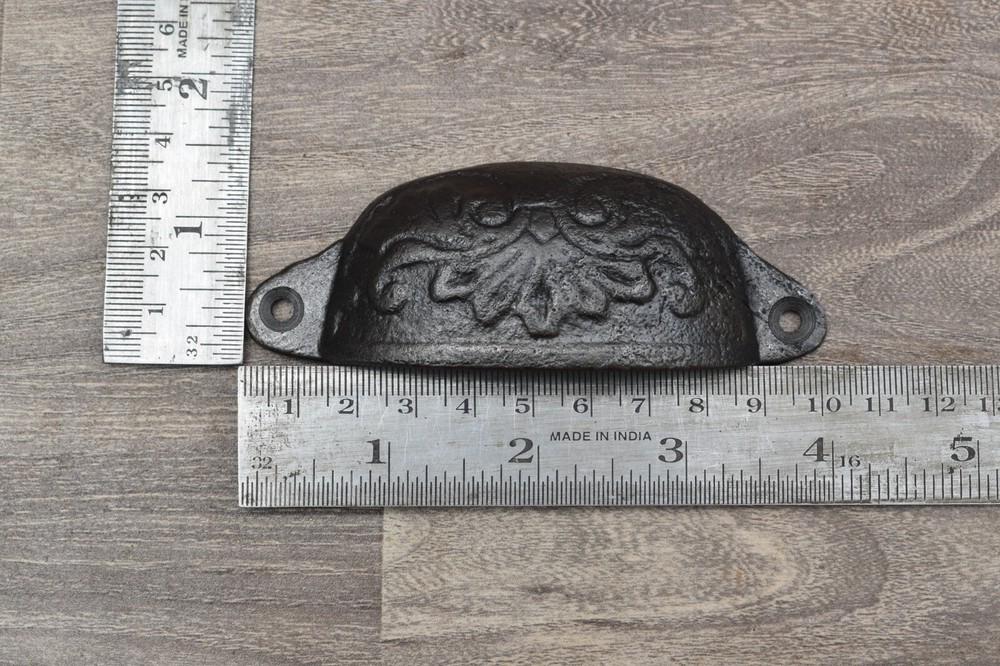 Vintage cast iron Cup Bin Pulls cabinet drawer door knobs handles pull rustic 6p