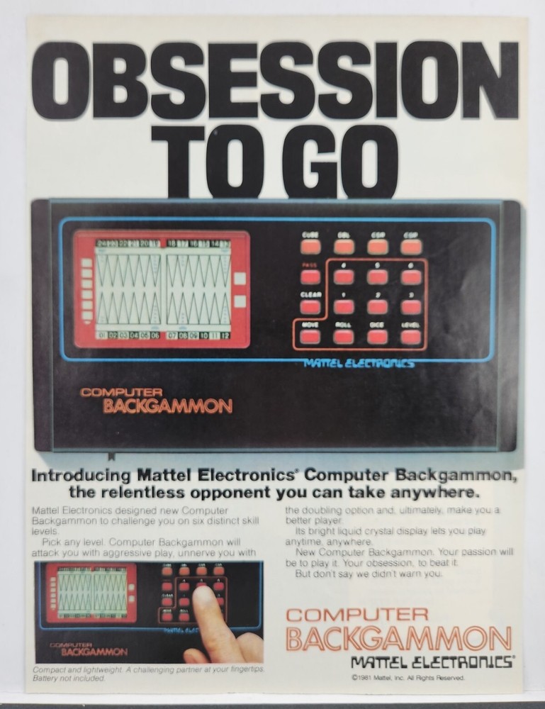 1981 Mattel Computer Backgammon Electronics Original Print Ad Retro 80s