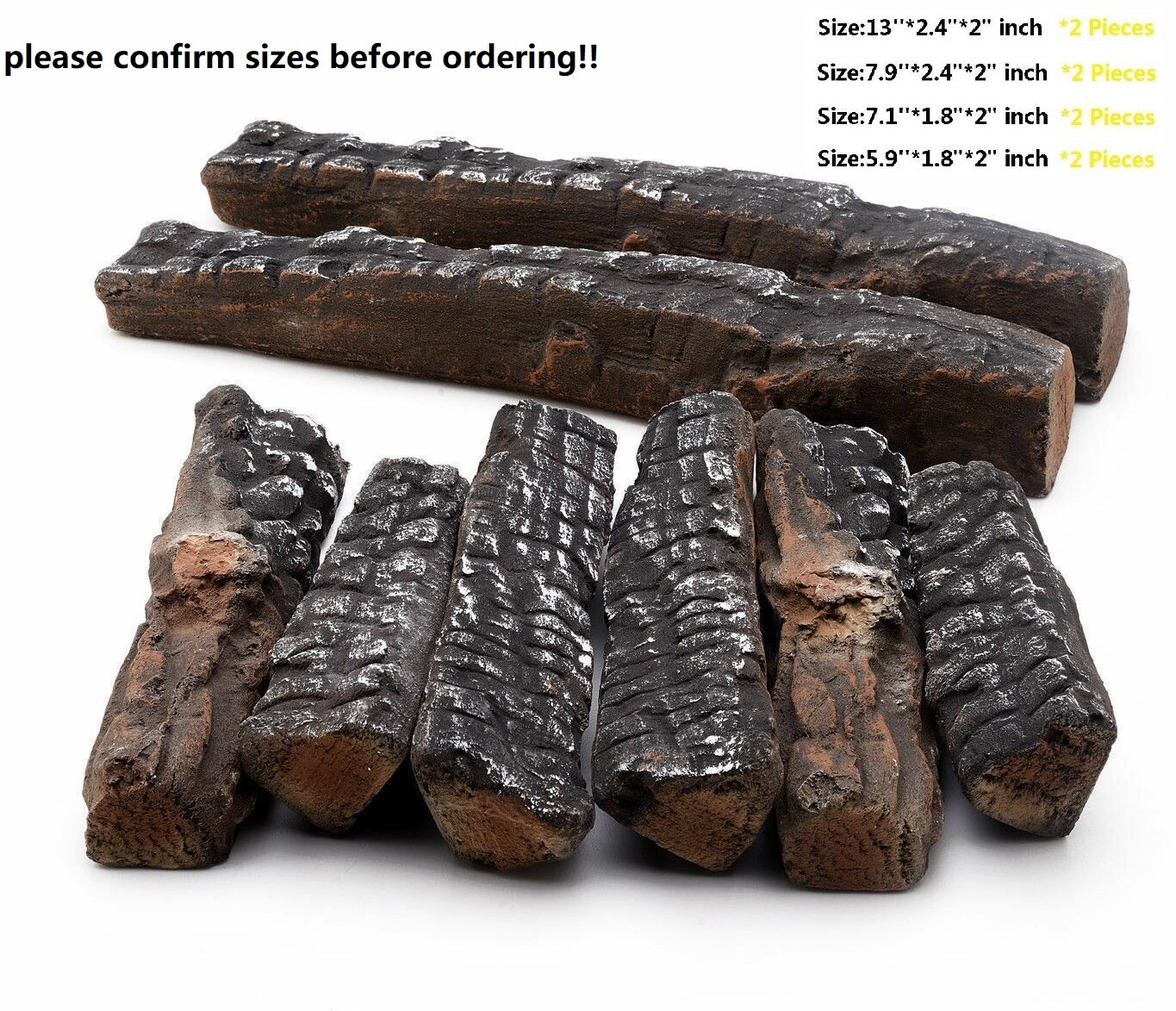 8 Piece Decorative Realistic Flame Petite Ceramic Wood Fireplace Firepit Log Set
