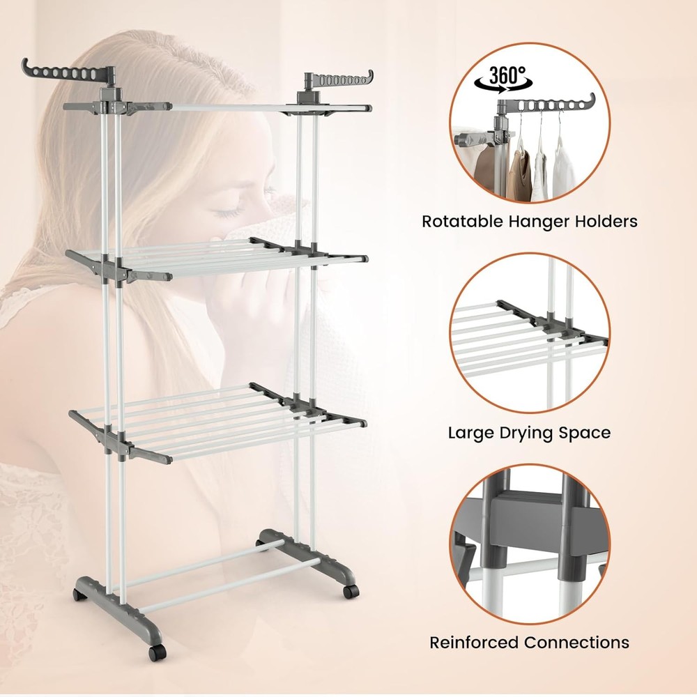 4-Tier Clothes Drying Rack Folding Drying Rack W/ 4 Wheels 24 Drying Poles & 2