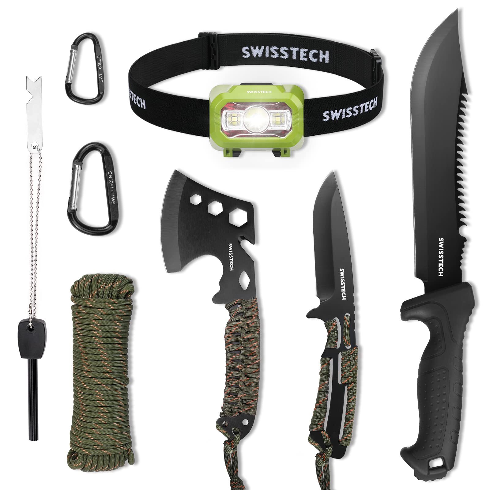 Swiss+Tech 8Pack Hatchet and Machete Axe Fixed Blade Hunting Knife w/Rope Handle
