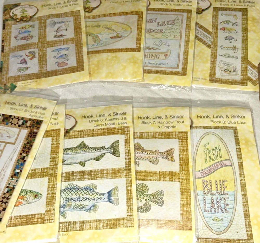 Crab Apple Hill Hook Line Sinker Quilt/Embroidery complete pattern set~used
