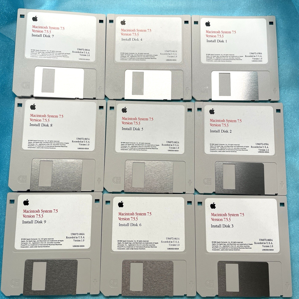 1996 Macintosh System Software 7.5 Version 7.5.3 Floppy Disks 20 Sealed, 20 Used