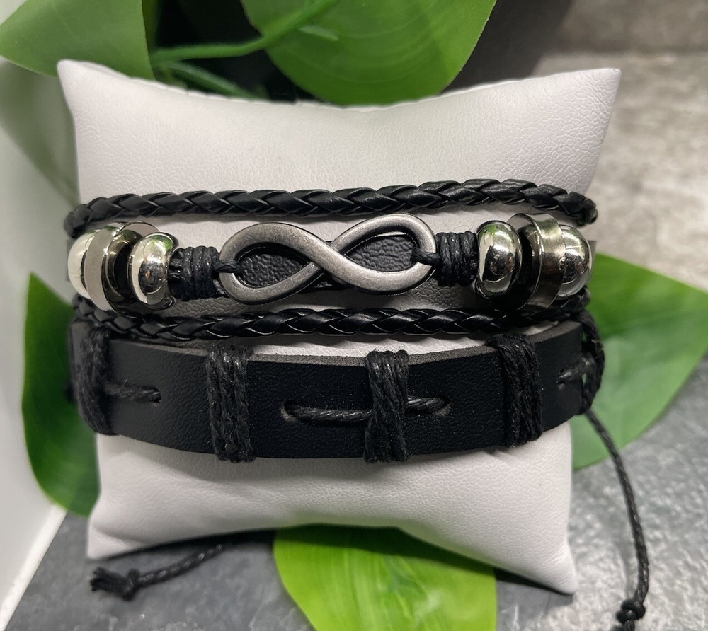 2 PC Leather Bracelet Stackable Adjustable Tie Free Ship Infinity B3285