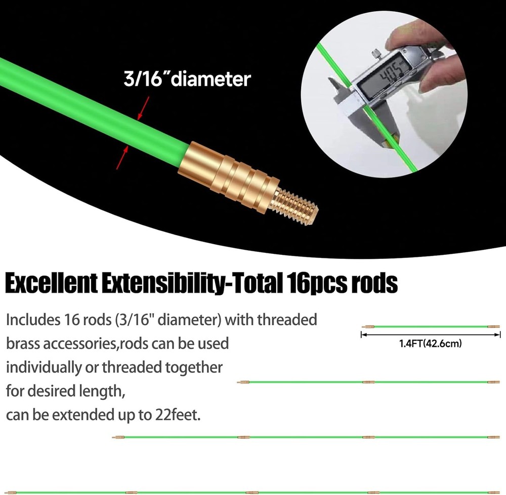 22FT Fiberglass Running Electrical Wire Cable Glow Rods Wire Pulling, Fish Rods
