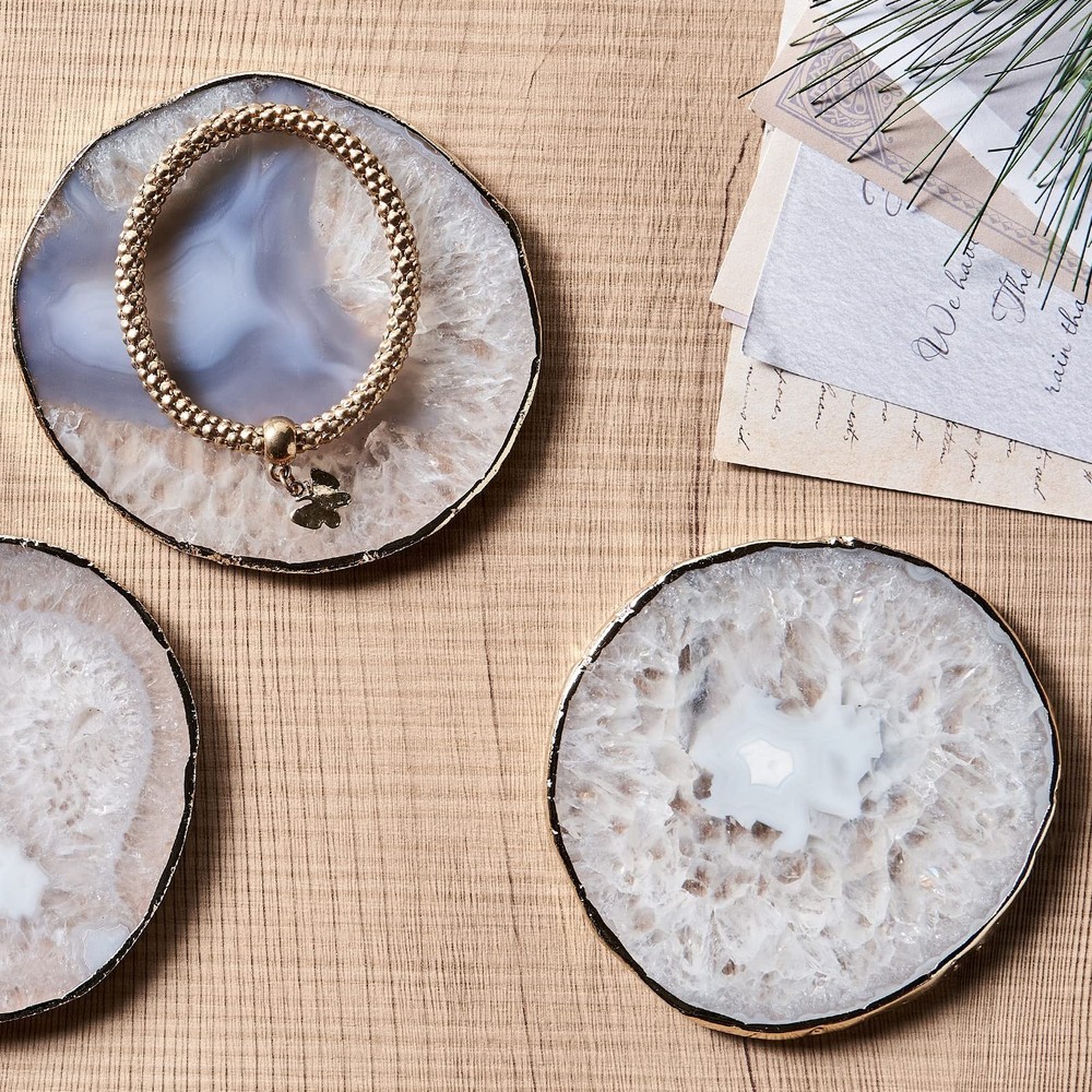 White Agate Coasters for Drinks, Crystal Coaster with Gold Edge 3.5-4", Geode...