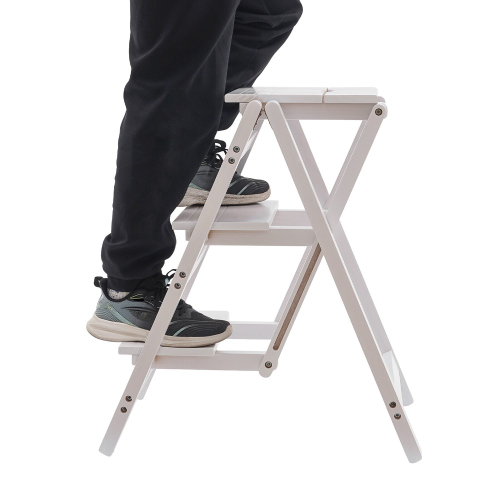 3-layer Folding Step Ladder Folding Wooden Step Stool Not Require Assembly White