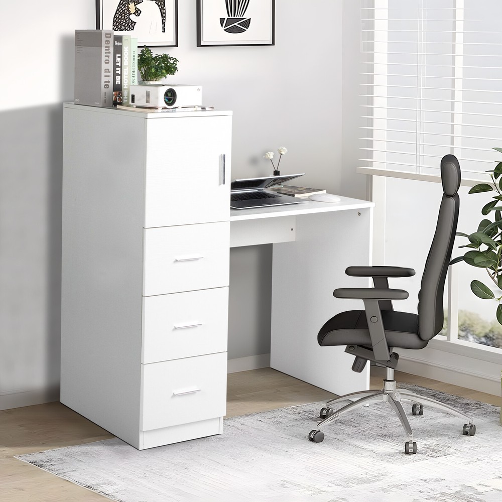 White embossed chipboard computer desk with 2 power sockets