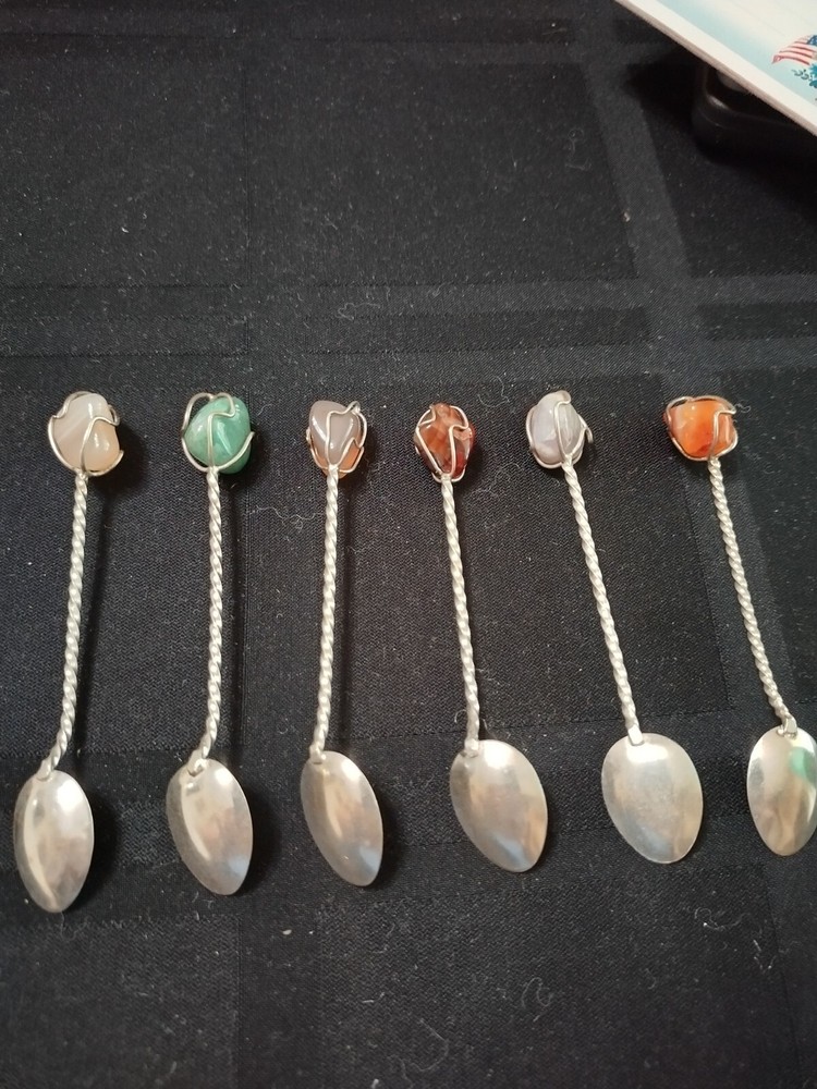 Set of 6 Silver and gemstone demi-tass spoons