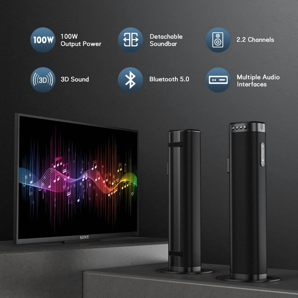 100W Detachable Soundbar 2.2CH 3D Sound Bluetooth HDMI ARC Optical AUX USB