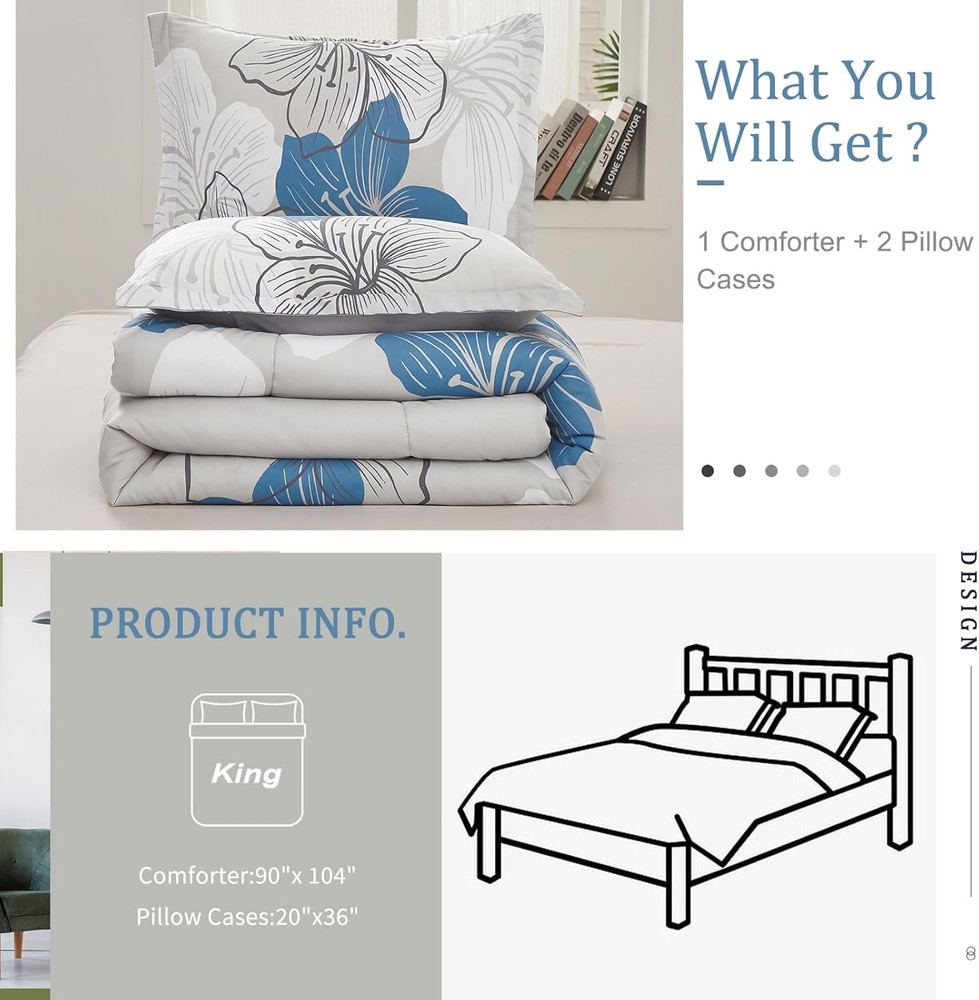 Floral Comforter Set King Blue Flower Pattern Printed on Grey, Soft Microfiber B