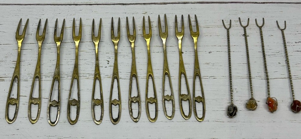 Solid Brass Olive Cocktail Fork Set With Semi Precious Stones