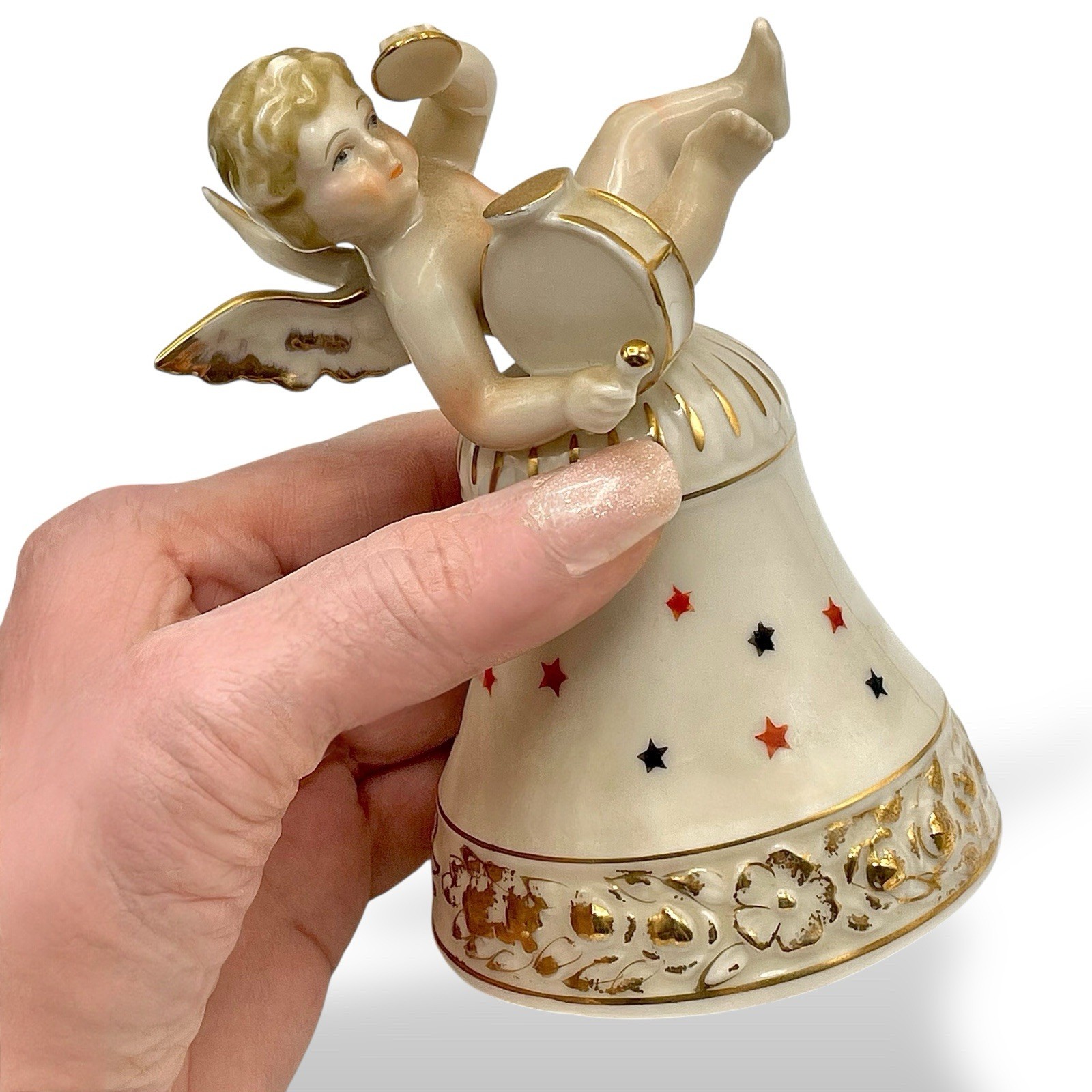 Vtg MCM Ardalt Musician CHERUB ANGEL BELL Porcelain Cybal Drum Stars EUC Japan