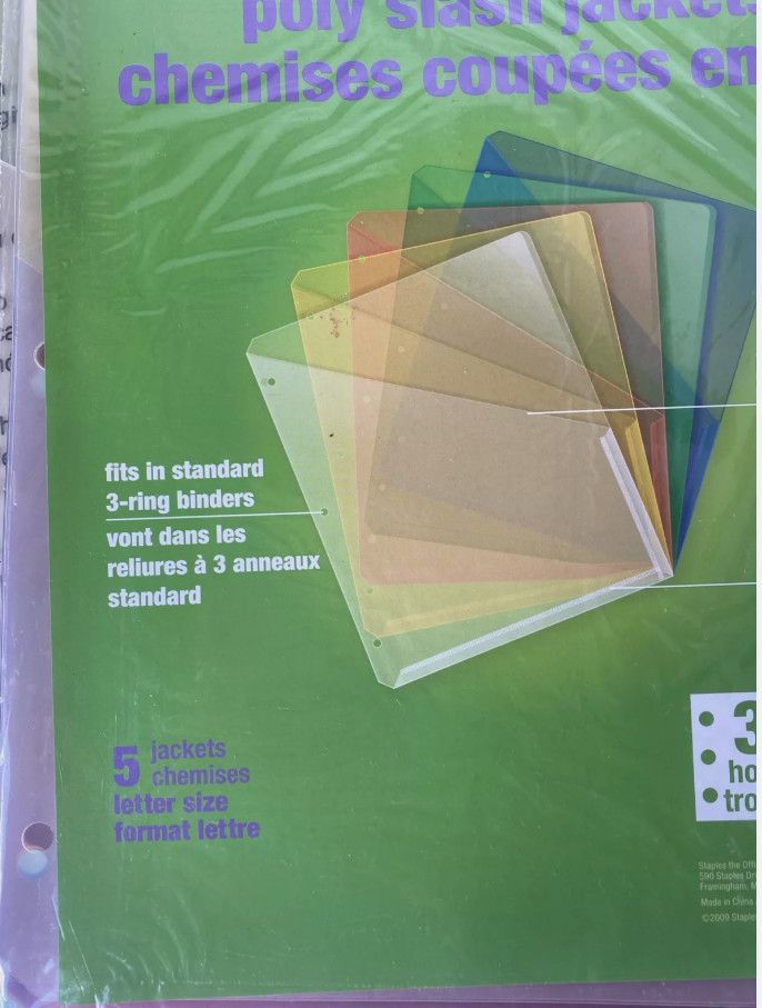 1 Staples 5 Pack Letter Size Poly Project Jackets 36052 3 hole(U1)
