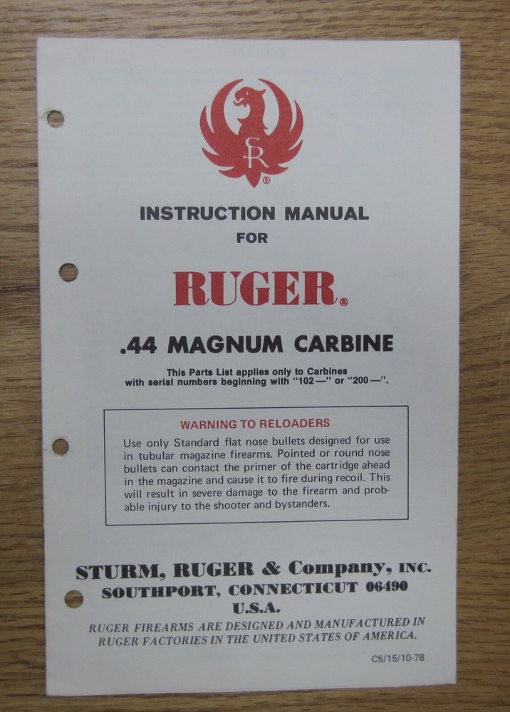 Ruger 44  Carbine Factory Manual