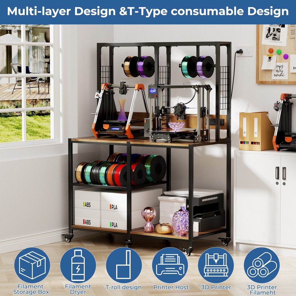 Heavy-Duty 3D Printer Stand with Filament Storage & Lockable Wheels