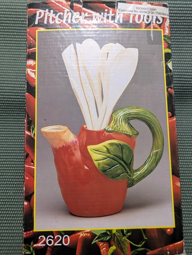 KMC Chili Hand Painted Fine Ceramicware Pitcher with Tools
