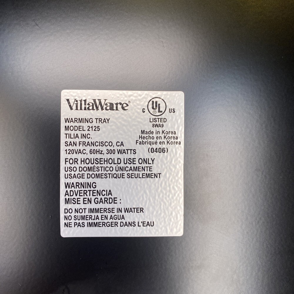 VILLAWARE UNO Warming Tray Model 2125