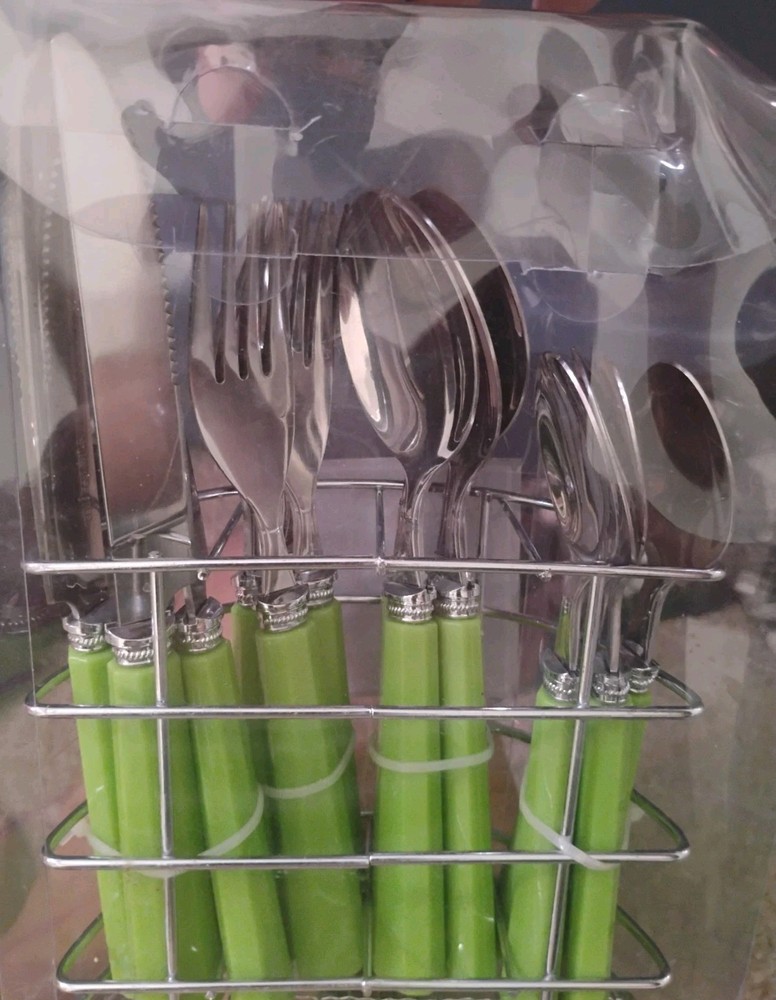 16pc Stainless Steel Flatware Set Green Plastic Handle READ