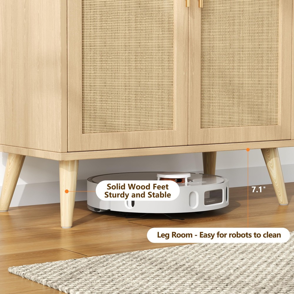 Rattan Buffet Cabinet with Storage, Boho Buffet Table with Adjustable Shelf a...