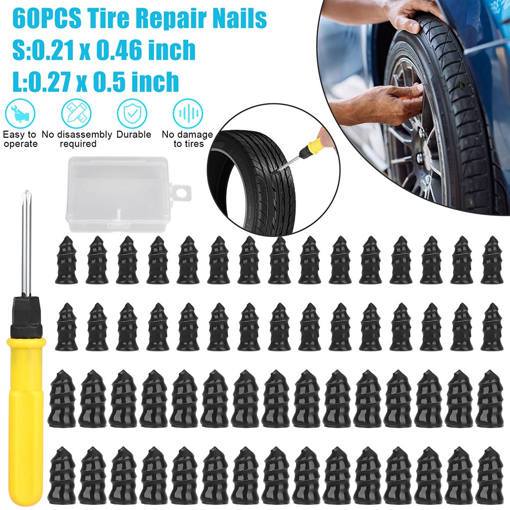 60PCS Tire Repair Screws Kit With Screwdriver 3 Sizes Rubber Plugs Flat Tires