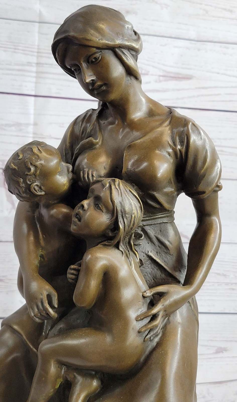Semi Nude Bronze Sculpture Mother Breastfeeding Twins Signed Art Statue Decor