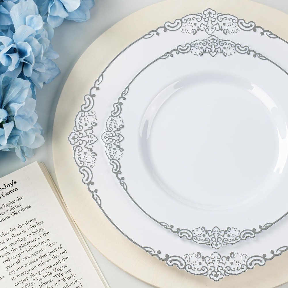 Disposable Silver Plastic Dinner Plates for 50 Guests Set Includes 100 Silver