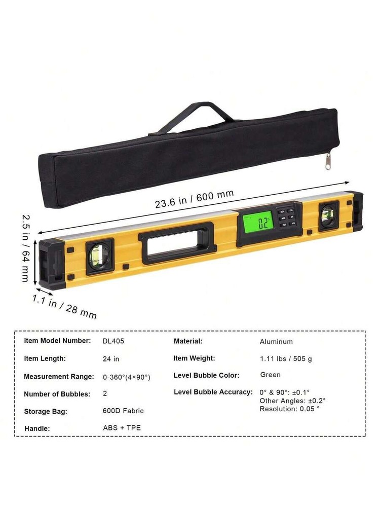 Torpedo level,24-level,featuring anLED-backlit display andbuilt-ingravity sensor