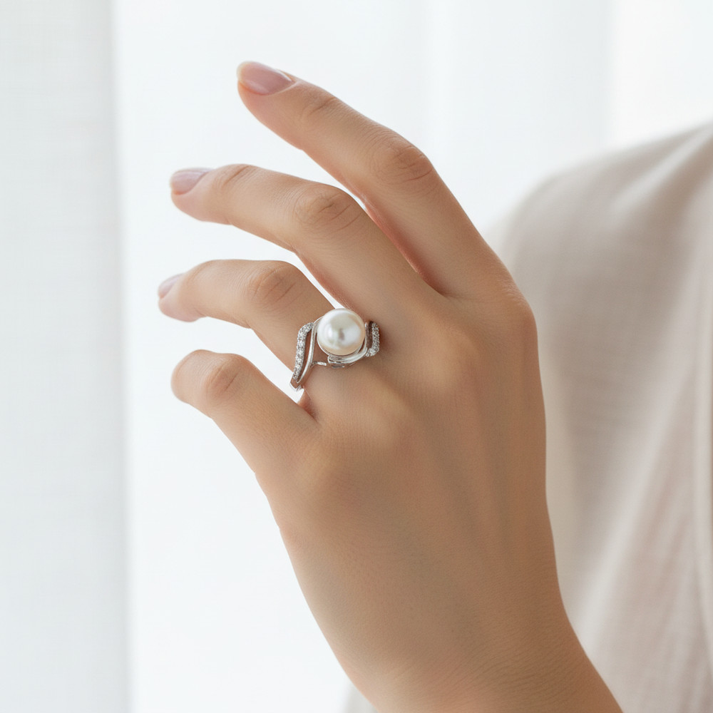 Pearl and CZ Sterling Silver Ring