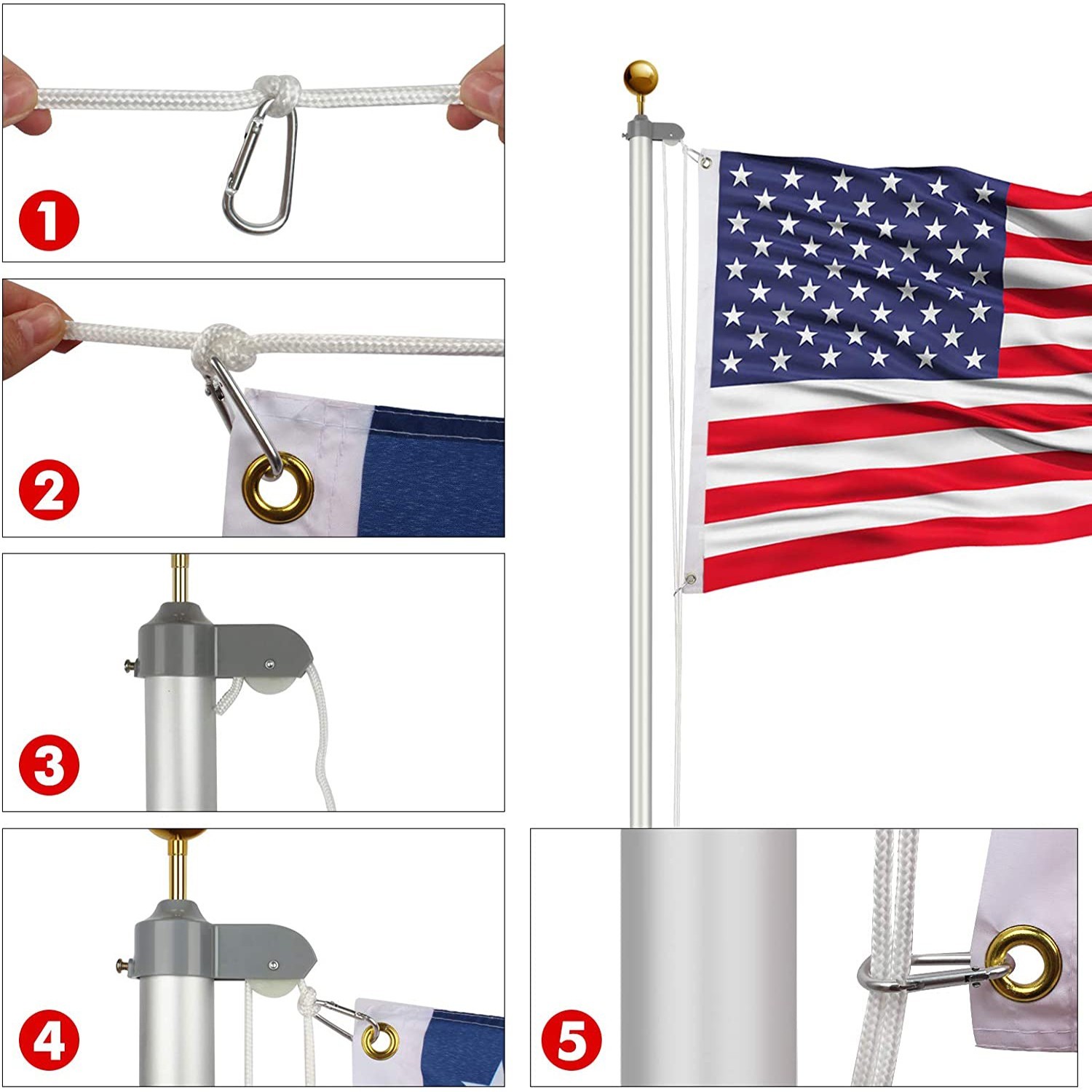 20 FT Sectional Flag Pole Kit Extra Thick Aluminum Flagpole with 1 Flag 2 Rope