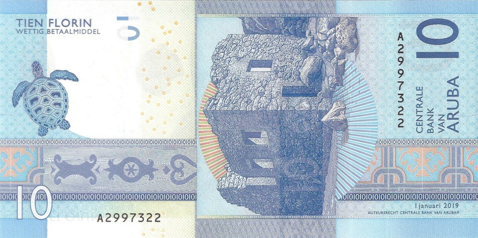 Aruba 10 Florin 2019 - Turtle/Puffer Fish/Ruins, p21a, B121a p 21 a UNC