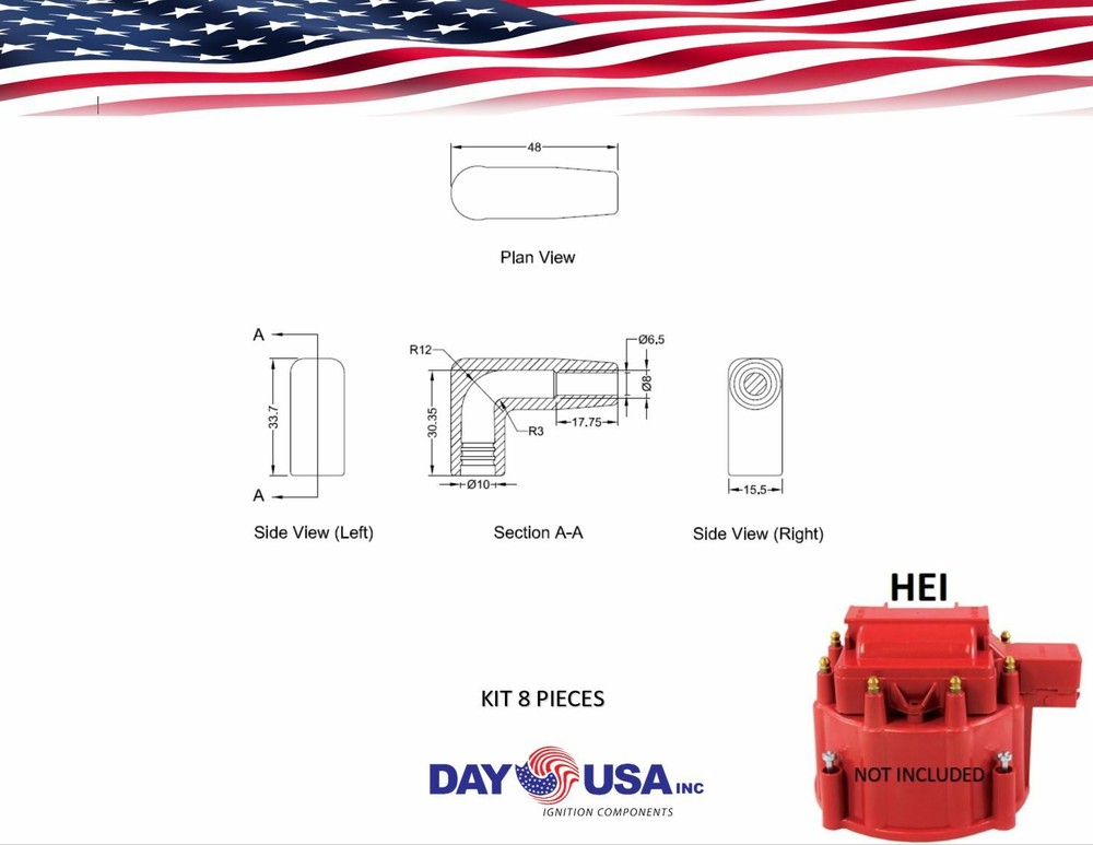 HEI 90 Degree Curved Style Distributor Boot & Terminal Spark Plug Wire Kit (8)