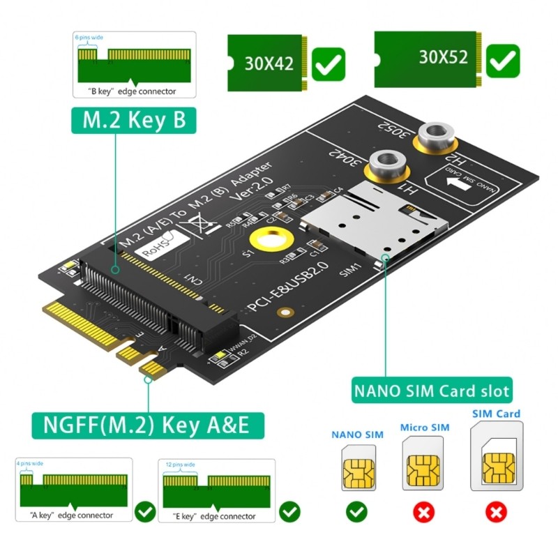 NGFF M.2 Key A+E Interfaces To Key B Wireless Adapter Card With Card Holder
