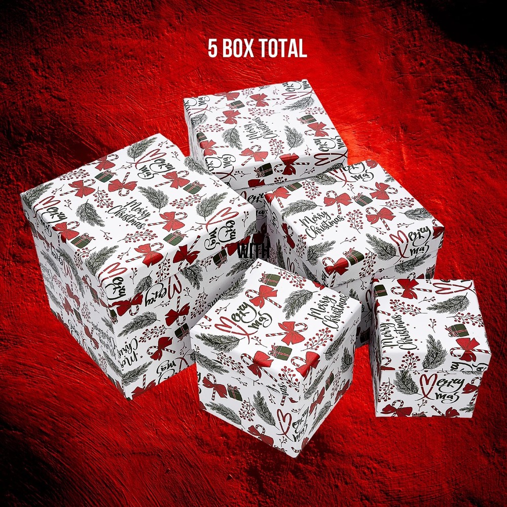 5PCS Christmas Nesting Gift Boxes with Lid, Nested Box Set, 5 Sizes, Square S...