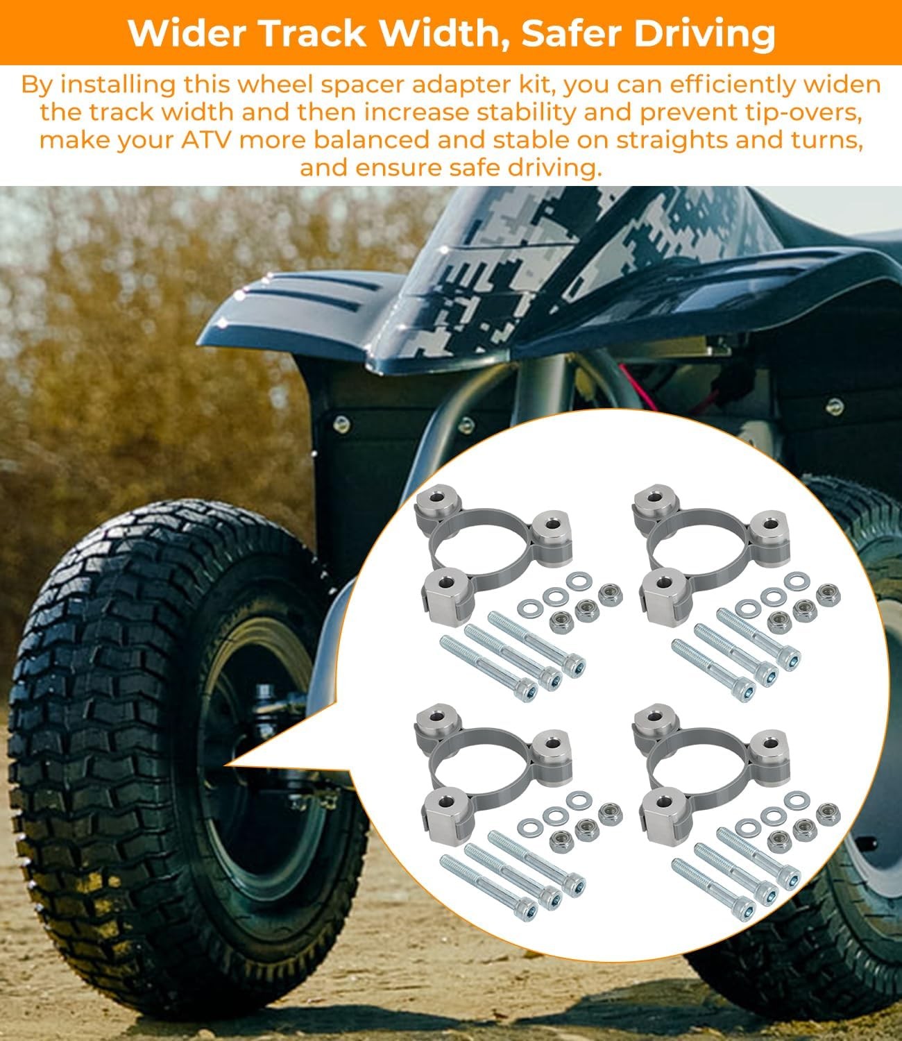 For Razor Dirt Quad Wheel Spacer Kit, 3" Wider Front, 2" Wider Rear, 24v or 36v