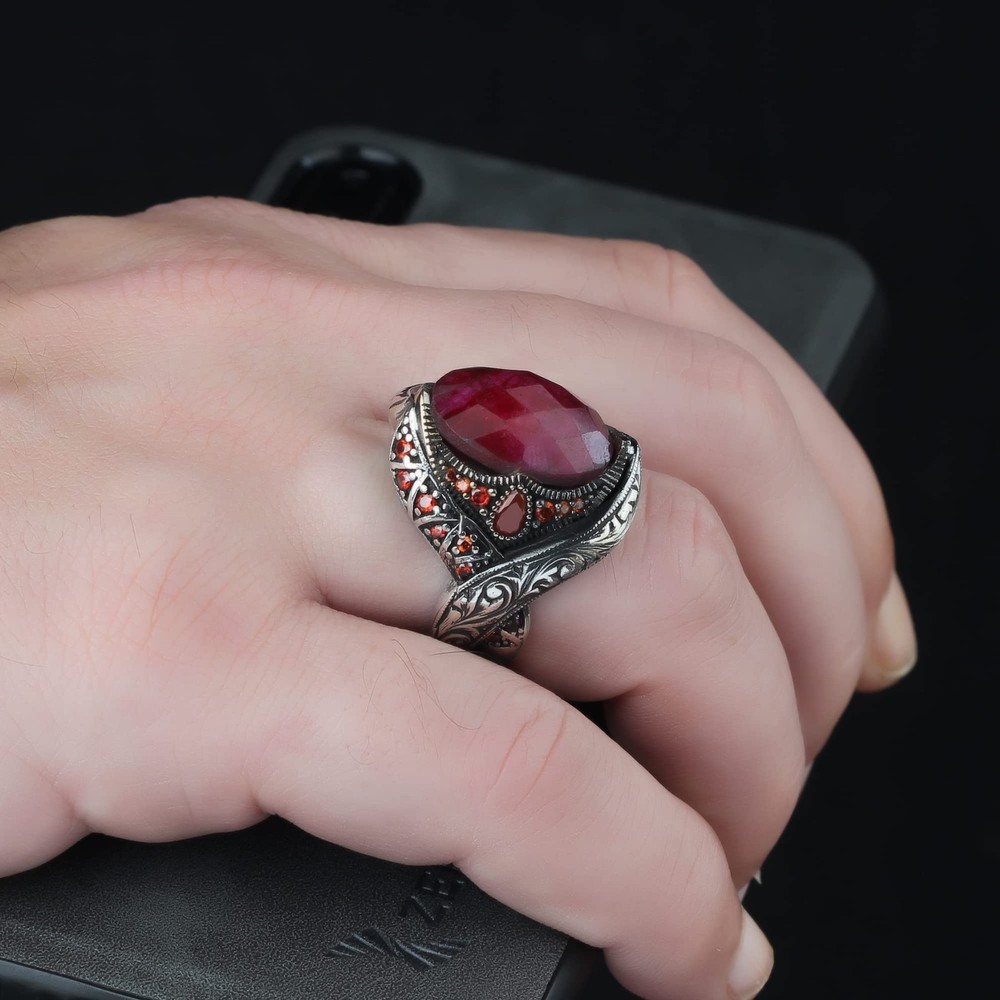 Ruby Stone Men Silver Ring, 925 Sterling Silver Ruby Gemstone Ring, Handmade